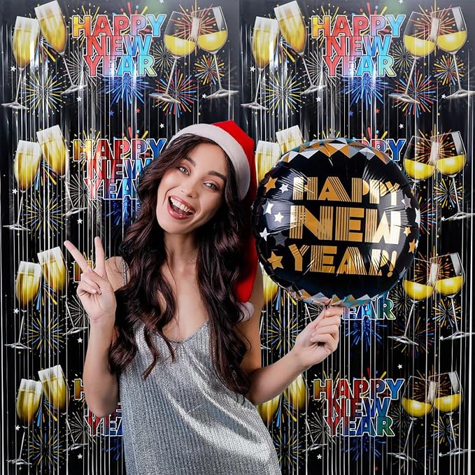 GOER Foil Curtain Backdrop for New Year Eve Party Decorations| Metallic Tinsel New Year Theme Photo Booth Props (5 Pcs)