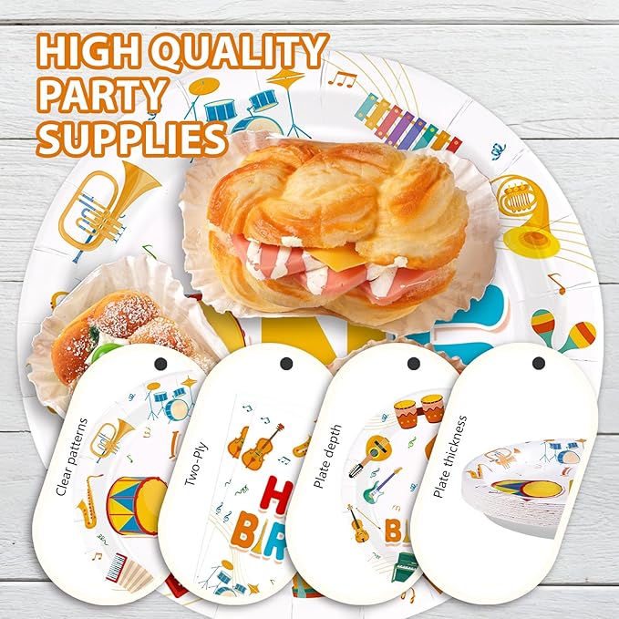 96Pcs Music First Birthday Decorations Plates Musical Instrument Theme Plates and Napkins Music Notes Tableware Set for Musical Birthday Party Music Theme Baby Shower Supplies, Serves 24