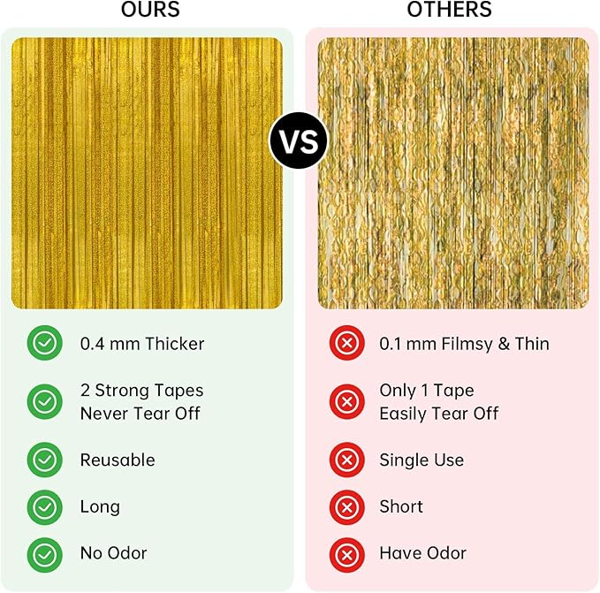 2 Pack 3.3 x 8.2 ft Tinsel Foil Fringe Curtain Backdrop, Upgraded Gold Glitter Metallic Streamers Backdrop Curtains for Birthday Decorations Bachelorette Prom Graduation Party Decorations