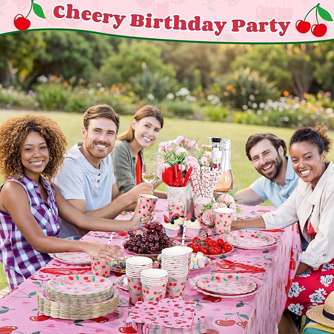 Ceenna 452 Pcs Cherry Birthday Party Supplies for 50 Guest, Summer Fruit Paper Plates Napkins Cups Tablecloth Cutlery Straw Disposable Tableware for Picnic Birthday Baby Bridal Shower Party Decoration