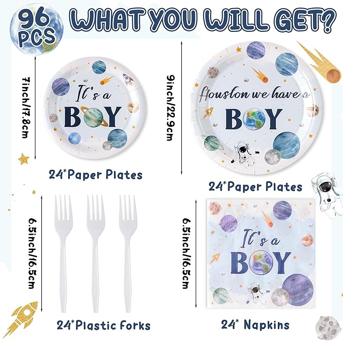 Houston We Have A Boy Outer Space It's a Boy Baby Shower Astronaut Planet Galaxy Plates Supplies - Serves 24-96Pcs Party Tableware Decoration Disposable Paper Plates Napkin Fork for Birthday