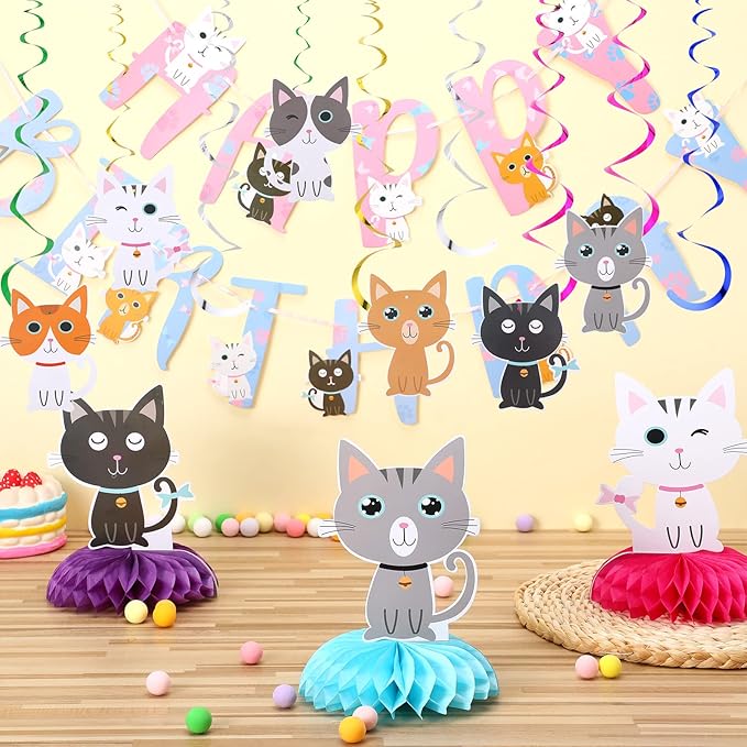 Chinco 16 Pcs Cat Theme Birthday Party Decorations Party Supplies Kit, Includes Cat Party Banner with 6 Hanging Cutouts 6 Hanging Swirl Decor and 3 Birthday Honeycomb Party Decoration(Cool Style)