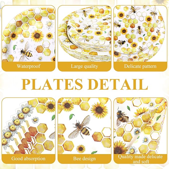 LemonRoad 452 Pcs Bee Baby Shower Decorations for 50, Bee Paper Plates Napkins Cups Tablecloth Disposable Cutlery Straws for Birthday Party What Will Baby Be Gender Reveal Dinnerware Supplies