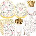 LemonRoad 452 Pcs Pink Floral Party Decorations for 50, Tea Party Paper Plates Napkins Cups Tablecloth Cutlery Straws Floral Disposable Tableware for Spring Bridal Shower Baby Shower Birthday Supplies