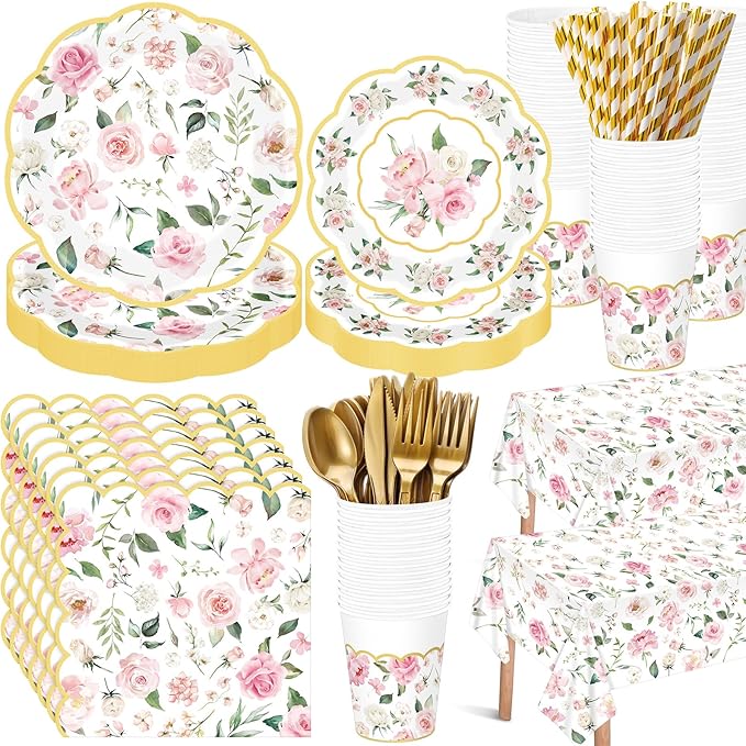 LemonRoad 452 Pcs Pink Floral Party Decorations for 50, Tea Party Paper Plates Napkins Cups Tablecloth Cutlery Straws Floral Disposable Tableware for Spring Bridal Shower Baby Shower Birthday Supplies