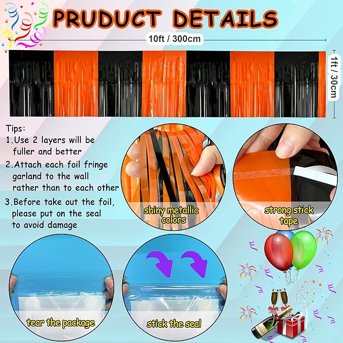 4 Packs Total 39 Feet Halloween Parade Floats for Trailer Car, Black Orange Foil Fringe Garland Tinsel Streamers Banner Table Skirts for Halloween Dia De Los Muertos Homecoming Birthday Party