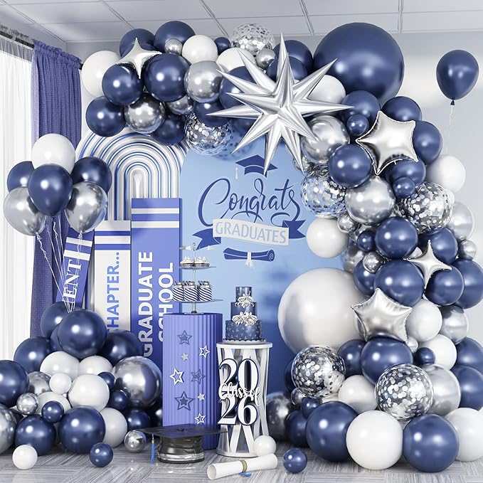 Blue Silver Balloon Garland Arch Kit, Navy Blue White Balloon Arch Kit, Metallic Silver Confetti Balloons Star Foil Balloons for Graduation Birthday Wedding Baby Shower Eid Ramadan Party Decorations