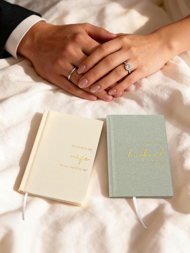 Wedding Vow Books His and Hers-Canvas Linen Foil Embossed, Set of 2 Vow Books Husband and Wife-Wedding Essentials（Sage Green + Milky White）