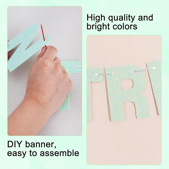 BEISHIDA 116 PCS A-Z DIY Letter Banner Kit Make Your Own Banner Glitter Light Green Including 111 Letters and Numbers 3 Rope and 2 Threading Device,Customized for Birthday Graduation Party Decor