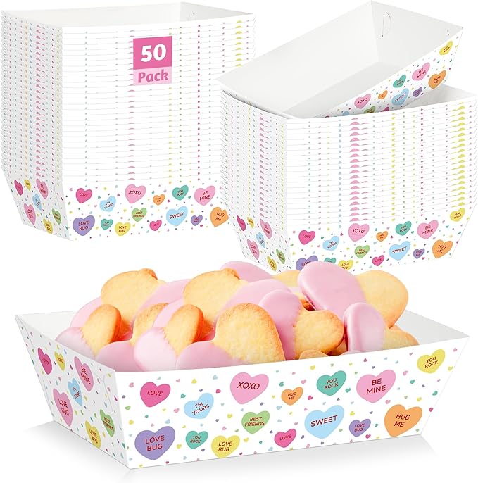 50 Pcs Valentines Paper Food Trays, Disposable Conversation Heart Serving Tray Valentine's Decorations, Love Holder Snack Food Boats, Popcorn Hot Dog Container for Wedding Birthday Party Supplies