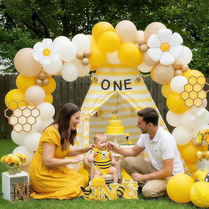 Bee Balloon Garland Arch Kit 141pcs Brown Mustard Yellow White Balloons with Flower Daisy Mylar Balloon for A Little Honey is on the Way Theme Party Decoration (Yellow White)