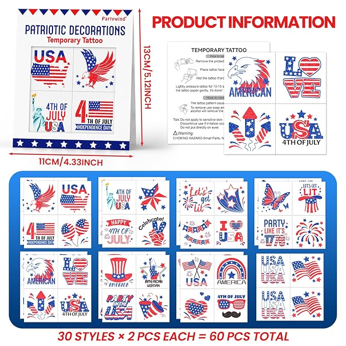 Partywind 60 Pcs Labor Day Decorations, Glitter USA Patriotic Tattoos Sticker, 4th of July Outfits for Women, Red White and Blue Accessories, Memorial Day, Independence Day Party Favors