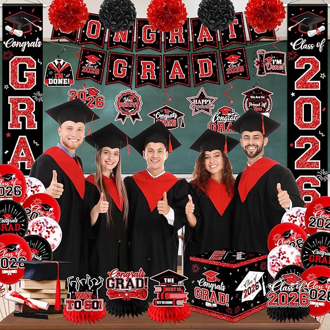 Graduation Decorations Class of 2026,Red Graduation Party Supplies- Congrats Grad Decorations Banner ＆ Hanging Swirls,Graduation Card Box,Paper Pompoms,Balloons,Porch Sign for College Grad Party