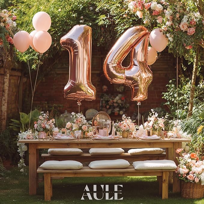 AULE 40 Inch Large 14 Balloon Numbers Rose Gold Big Foil Number Balloons Giant Helium Happy 14th Birthday Party Decorations fo Girl Huge Mylar 41 Anniversary Supplies