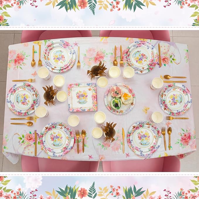 352 Pcs Tea Party Disposable Tableware Set Tea Party Supplies Serve 50 Guests Paper Plates Cup Napkin Plastic Cutlery Tablecloth for Wedding Bridal Birth Baby Shower Dinner