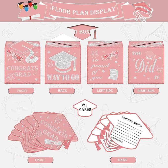 AYGXU graduation card box Holder 2026 with 30pcs graduation cards,Graduation party Decorations,graduation box for gifts and Cards,graduation money box,Graduation Party Supplies-pink card box