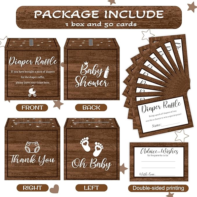 Funrous 51 Diaper Raffle Tickets with Box for Baby Shower Game Invitations Diaper Raffle Card for Gender Reveal Baby Shower Party Decoration Table Centerpiece(Dark Brown)
