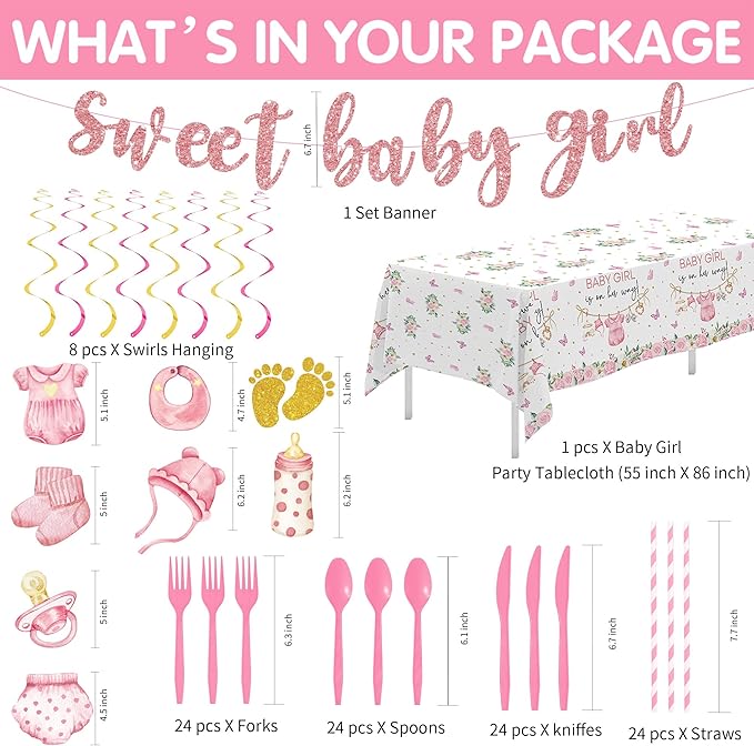Pink Baby Girl Baby Shower Decorations, Floral Sweet Baby Girl Party Supplies, Plate, Napkin, Cup, Tablecloth, Banner, Swirls, Cutlery, Girl Gender Reveal Table Decorations, Serves 24