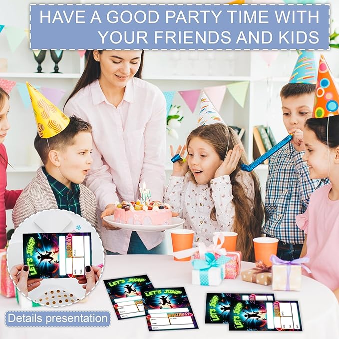 Trampoline Park Birthday Invitations, 4 x 6 Inch Let's Jump Theme Birthday Invites Cards for Boys & Girls, 20 Count with Envelopes, Double Sided Printed, Fill in Blank