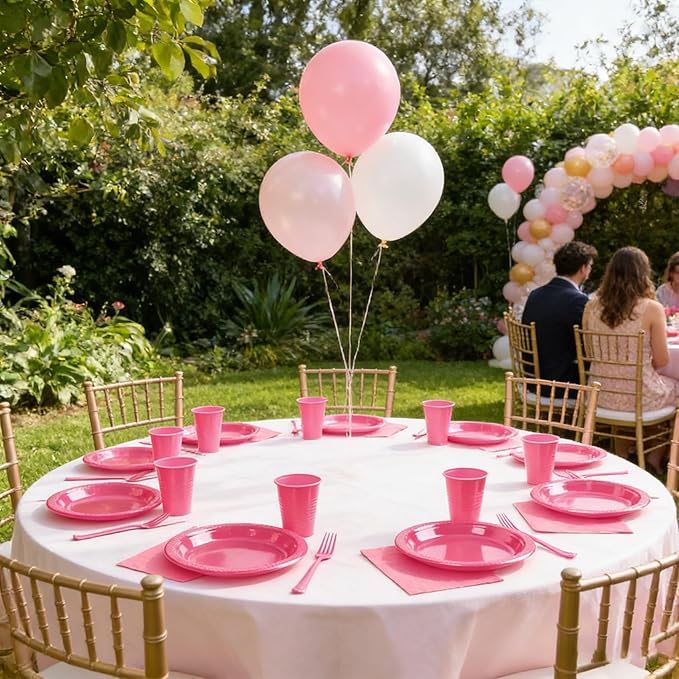 200pcs Hot Pink Plastic Party Plates Set, Disposable Pink Plates and Napkins for Party, 50 of Each 9" Dinner Plate, Napkins, Cups & Cutlery Plastic Party Supplies for Birthday, Baby Shower, Wedding