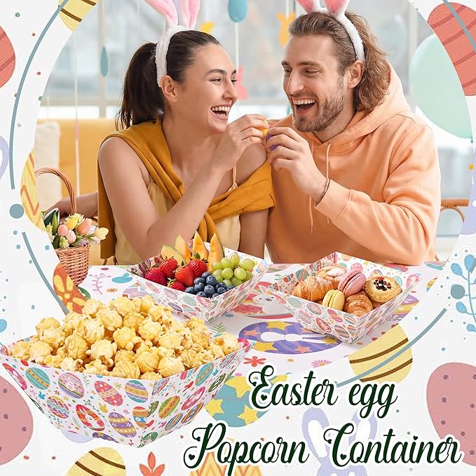 Marspark 24 Pcs Easter Party Supplies Holiday Paper Popcorn Boxes Easter Tray Colorful Egg Cookie Boxes Spring Bowl Bunny Snack Cups Flower Rabbit Party Supplies for Birthday Baby Shower Wedding