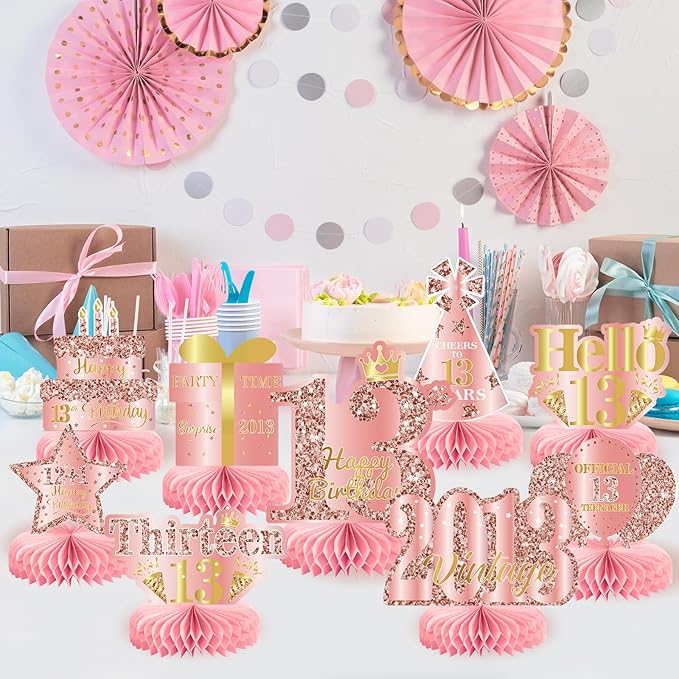 9Pcs 13th Birthday Decorations Rose Gold 13th Birthday Party Decorations for Girls,Pink Happy 13 Years Honeycomb Centerpieces Table Sign Decor Supplies