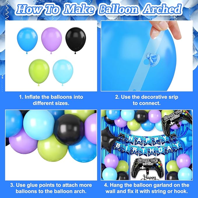 Video Game Birthday Party Decorations for Boys, Black Blue Purple Green Balloons Happy Birthday Banner Cake Topper Game Foil Balloon Blue Fringe Curtain for Kids Boys Men Birthday Party Decor