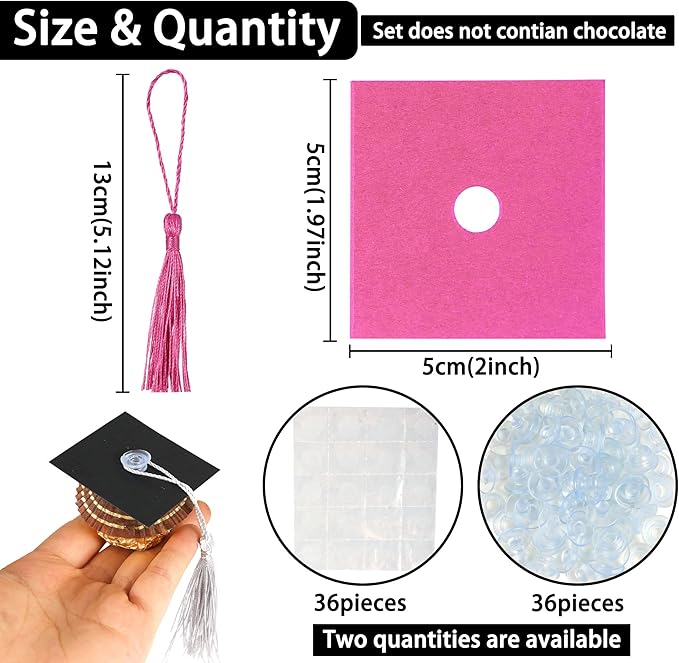 Gyufise 36Pcs 2026 Graduation Cap Cupcake Toppers with Tassel Adhesive Dots Chocolate Decorations Class of 2026 Congrats Grad Cap Cupcake Decorations for 2026 Graduation Theme Party Supplies Pink