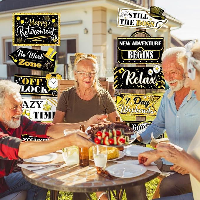 Hooqict Retirement Party Decorations 20 Pieces Happy Retirement Party Signs for Black and Gold Retirement Theme Party Decor Directional Banner Sign Retirement Birthday Party Supplies