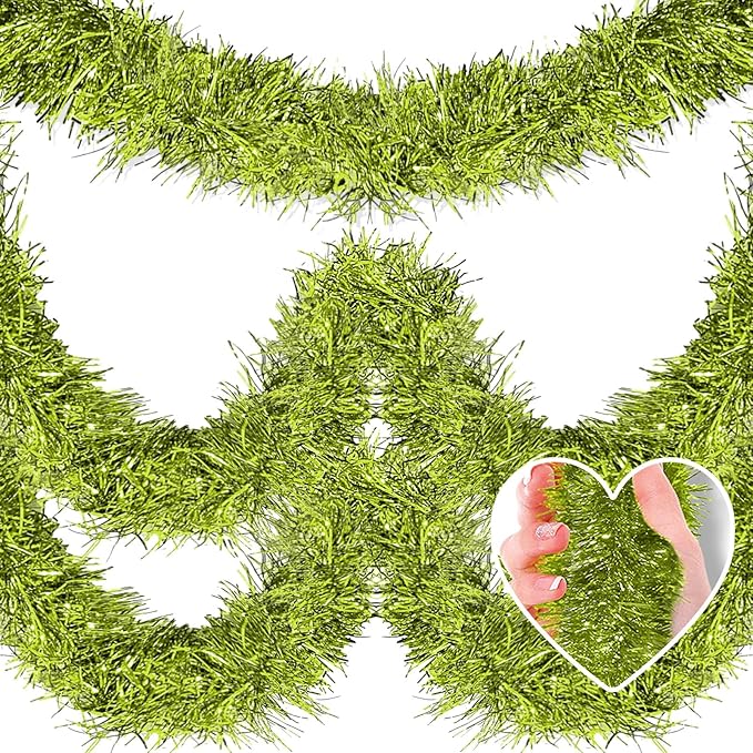 50 Feet Christmas Tinsel Garland, Metallic Twist Garland Wall Hanging Tinsel Garland Backdrop for Parade Floats, Carnival, Birthday, Wedding, New Year Party Decorations (Light Green, 2in x 50ft)