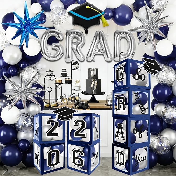 2026 Graduation Boxes Decorations,Blue and Silver Balloon Garland Arch Kit with GRAD,2026 Balloon Boxes,Graduation Cap Decor for High School,College Graduation Party Supplies