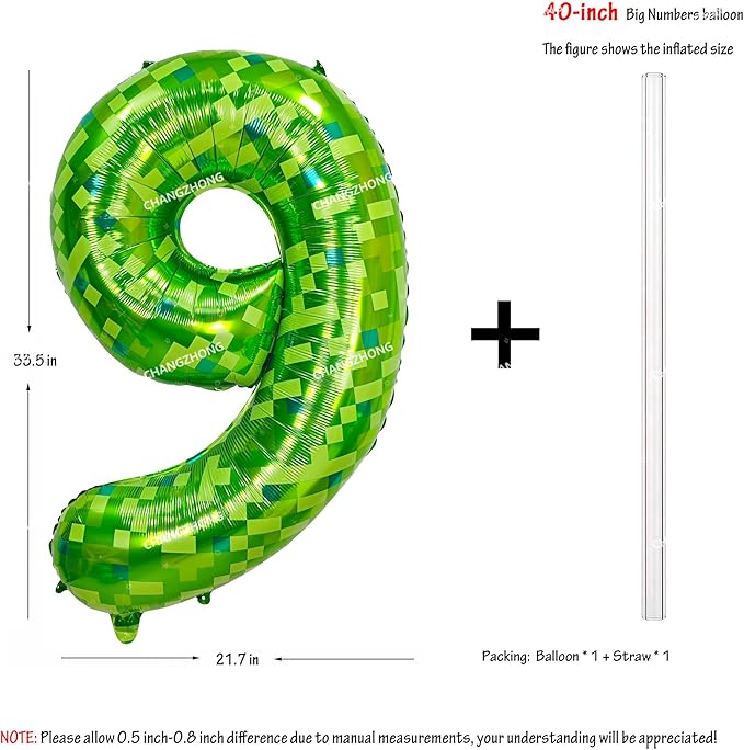 40 inch giant Green pixel miner game number 9 balloon Large mining theme foil balloon 0-9 Suitable for pixel game parties children's birthdays party anniversary celebrations baby shower decoration