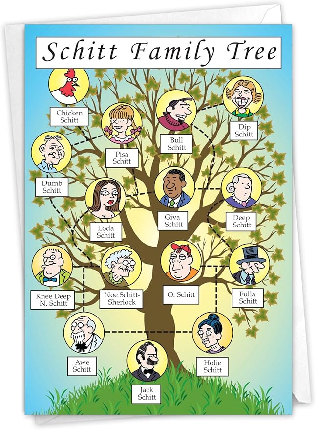 NobleWorks Schitt Family Tree - Hilarious Birthday Greeting Card with Envelope (4.63 x 6.75 inch) - Adult Humor, Appreciation Card for Family Birthdays - Funny Bday Gratitude Notecard Stationery 4250