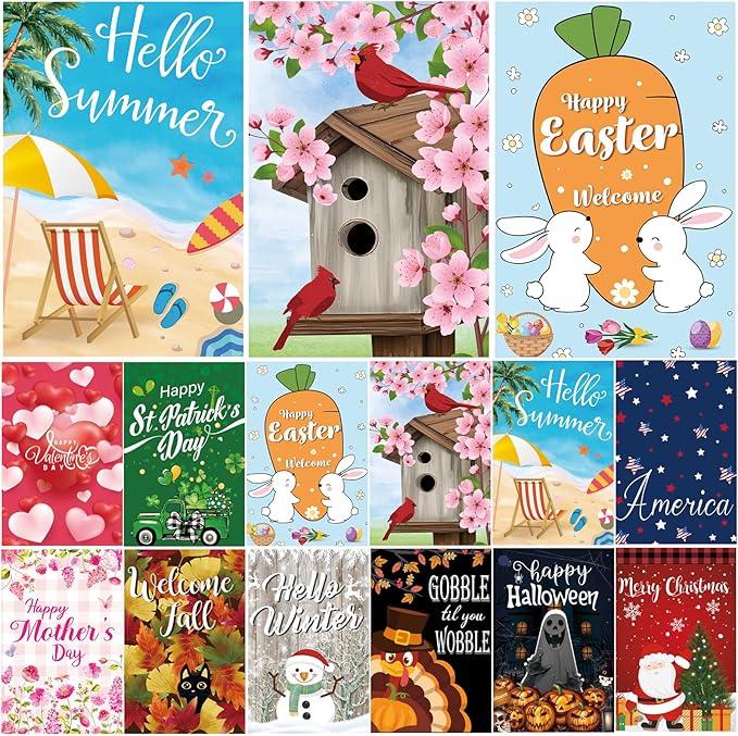 Seasonal Garden Flags Set of 12 Double Sided 12x18 Inch Yard Flags, Small Garden Flags for Outside Featuring Christmas Halloween Fall Winter Spring Easter for Outdoor Garden Holiday Decor All Seasons