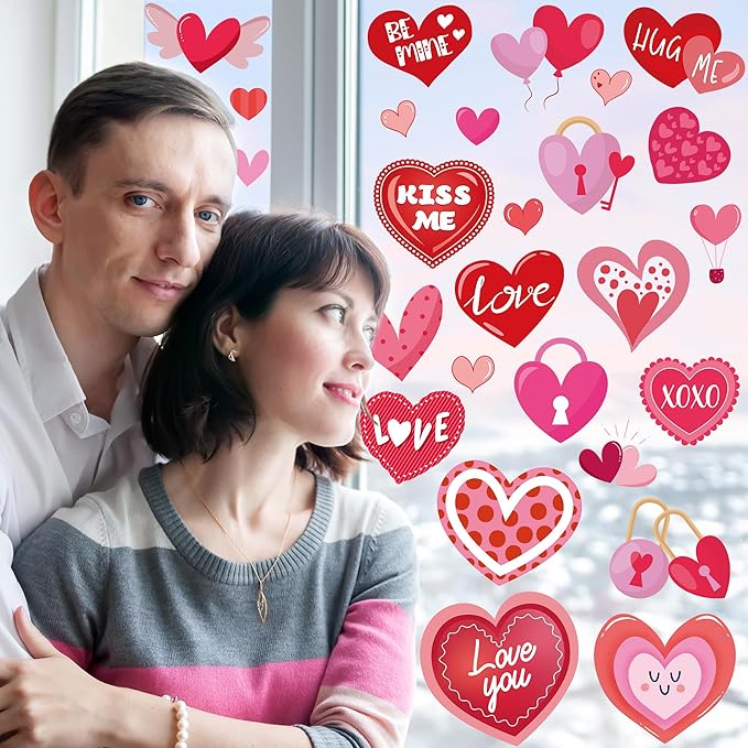 80PCS Valentines Window Clings, 4 Sheets Valentines Home Decor, 13.7 × 9.8 Inches Heart Window Clings Double-Sided Heart Stickers for Classroom, Wedding Romantic Decorations