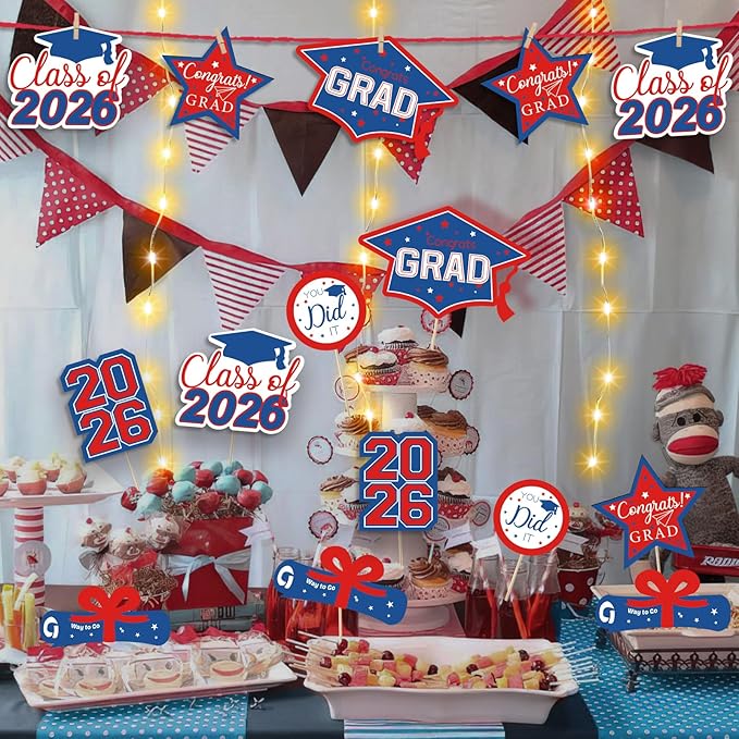 OuMuaMua Graduation Decorations Class of 2026-30pcs Red and Blue Graduation Table Centerpieces Sticks Table Toppers with Lights for College High School Congrats Grad Party Supplies