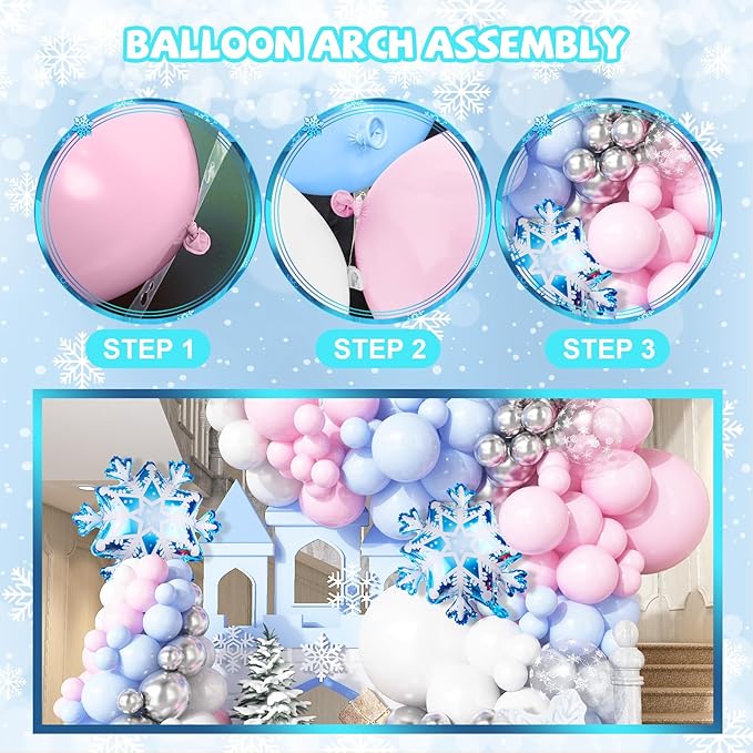 Winter Wonderland Balloon Arch Garland Kit, Light Pink Baby Blue White Balloon with Snowflake Foil Balloons for Christmas Ice Wonderland Snow Baby Shower Gender Reveal Birthday Party Decorations