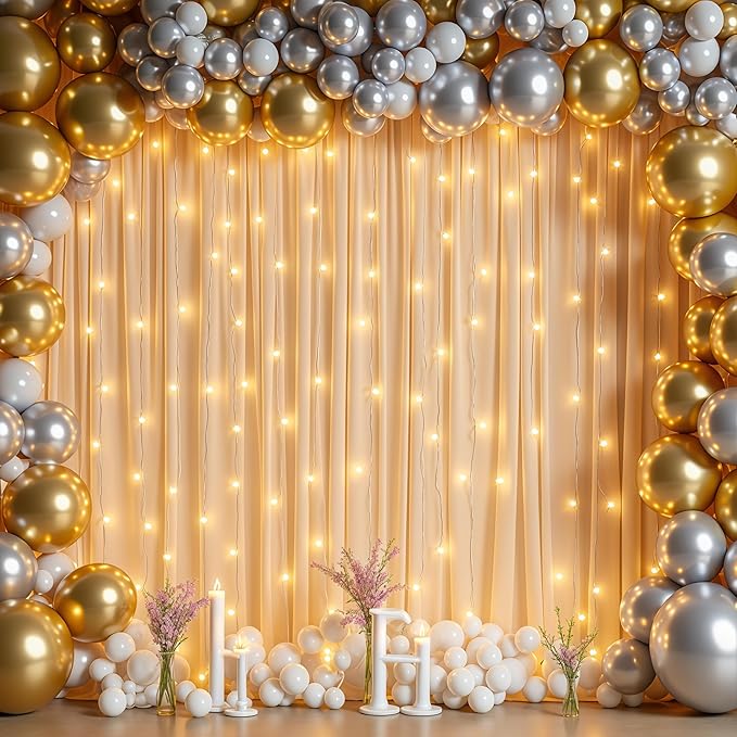 Dark Champagne Backdrop Curtains with Lights for Parties,10x10FT Wrinkle Free Polyester Wedding Photo Backdrop Curtains for Baby Shower Birthday Ceremony Reception Home Party Decorations-5ft x 10ft