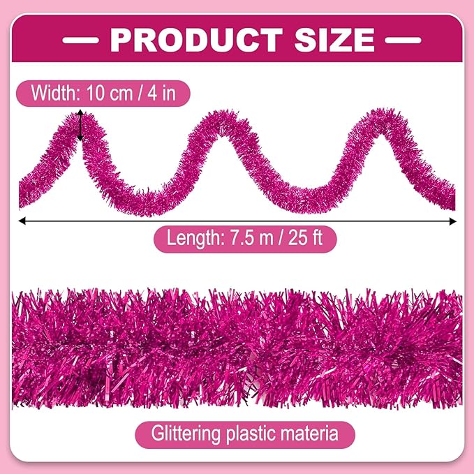 25 Feet Christmas Tinsel Garland, Metallic Twist Garland Wall Hanging Tinsel Garland Backdrop for Parade Floats, Carnival, Birthday, Wedding, New Year Party Decorations (Fuchsia, 4in x 25ft)