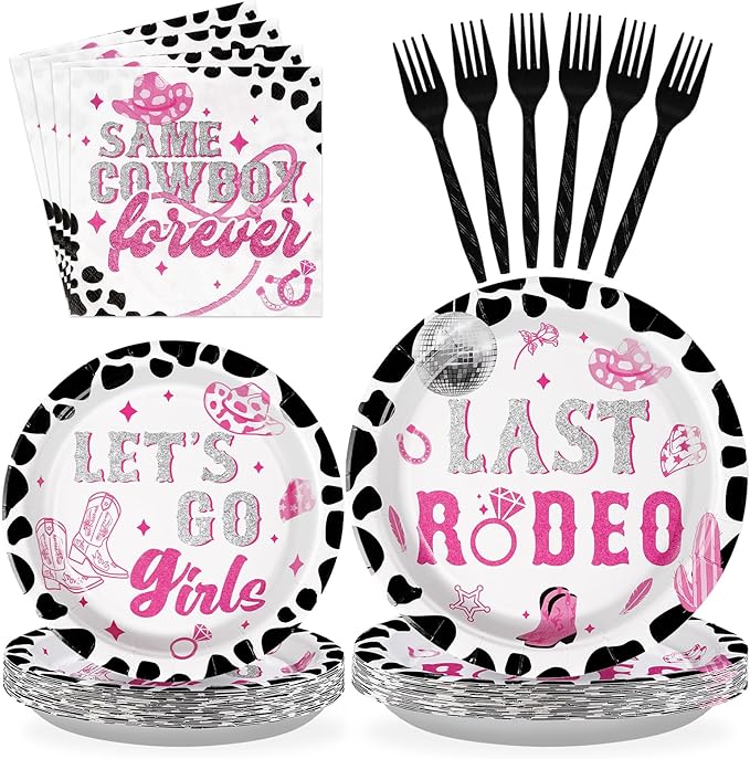 96Pcs Last Rodeo Bachelorette Party Decorations Pink & Silver Disco Cowgirl Plates and Napkins Let's Go Girls Party Decorations for Nashville Western Bridal Baby Shower Birthday Supplies,Serves 24