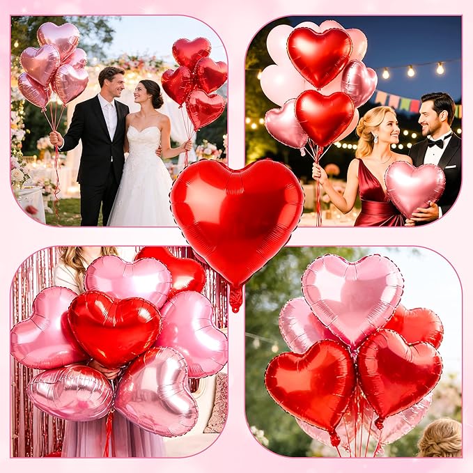 12 Pcs Red and Pink Heart Foil Balloons for Valentines Day Decorations, 18 Inch Romantic Love Valentine Heart Balloons for Galentines Day Decorations Wedding Marriage Birthday Bridal Shower Party