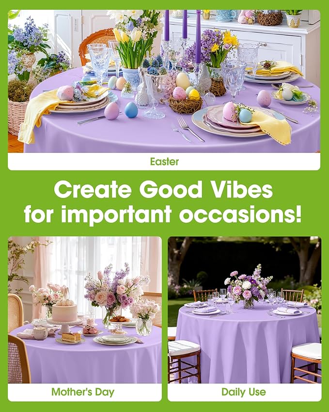 Pureegg Plastic Table Cloth Disposable 10 Pack, 84'' Round Table Cloths, Easter Party, Decorative Tablecloths, Round, Light Purple, Pastel, Plastic Cover, Leakproof & Sturdy, Lilac, Lavender