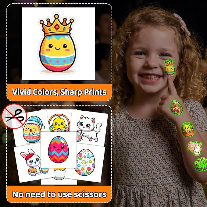 JCFIRE 95 PCS Luminous Easter Basket Stuffers, Glow in Dark Temporary Tattoos for Kids, Easter Egg Fillers, Stickers for Toddler Teens Boys Girls, Spring Party Favors Decorations