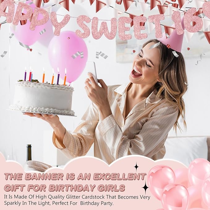 Fulmoon Pre Strung Happy Sweet 16 Banner Glitter Sixteenth Birthday Party Decorations 16th Party Sign Sweet 16 Party Decorations for Birthday Party Bachelorette Party(Rose Gold)