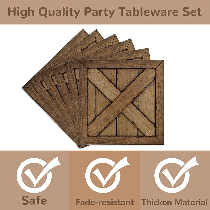 168PCS Wagon Wheel Party Decorations Western Party Supplies Brown Wild West Paper Plates Napkins Cups Knives Forks Straws tablecloths for 24 Guests