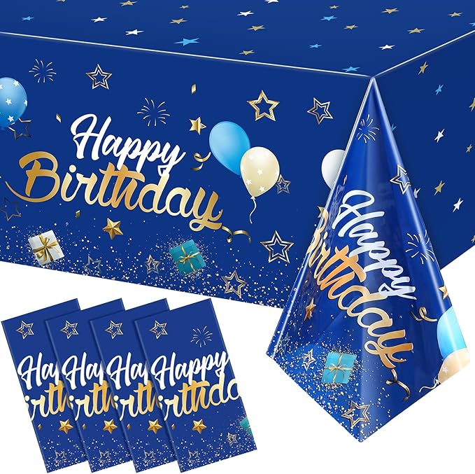 Tegeme Navy Blue Party Supplies Stars Happy Birthday Tablecloths Starry Confetti Table Covers for Kids Boys Girls Baby Shower Birthday Party Decorations(Navy Blue and Gold,4 Pack)