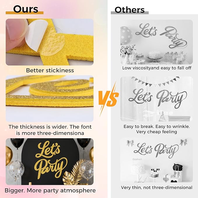 Babenest Let's Party Felt Sign, Gold Reusable Glitter Letter Banner for Backdrop, Balloon Arch Decor, Party Supplies for Graduation, Birthday, Wedding, Bachelorette, Christmas, Home Bar, Man Cave Wall Decorations