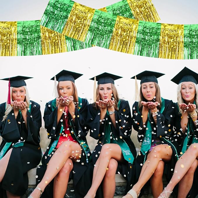 BEISHIDA 3 Packs Metallic Foil Fringe Garland Green Gold Wall Hanging Tinsel Fringe Banners for Car Floats Bridal Shower Wedding Birthday Graduation Holiday Party Decoration(30 Feet)