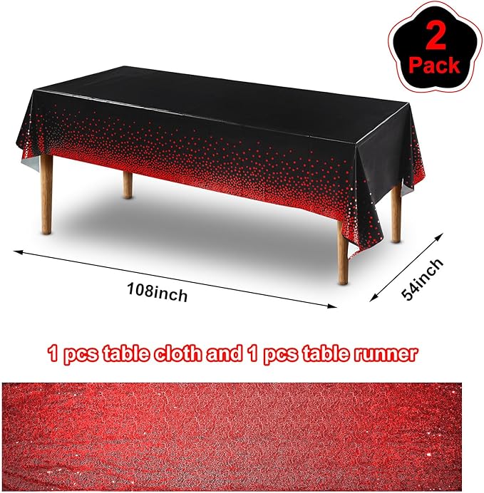 Irenare Tablecloth and Sequin Table Runner Set Polka Dots Confetti Table Cover Dining Plastic Tablecloths Glitter Decorations for Birthday Wedding Anniversary Party Supplies(Black, Red,2 Pcs)