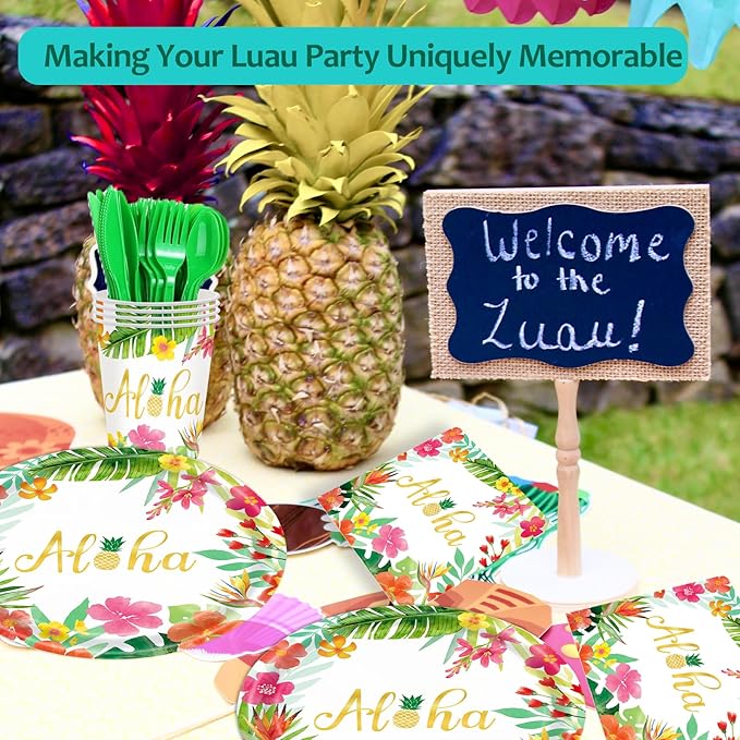 Hawaiian Luau Party Decorations Supplies - 350 PCS Aloha Tropical Birthday Party Decorations Disposable Dinnerware Set (50 Guest) With Paper Plates Napkin Cup for Summer Beach Themed Pool